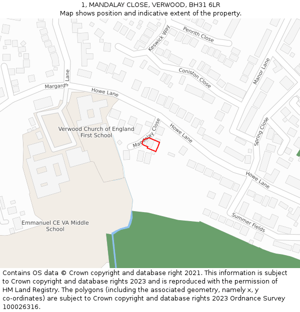 1, MANDALAY CLOSE, VERWOOD, BH31 6LR: Location map and indicative extent of plot