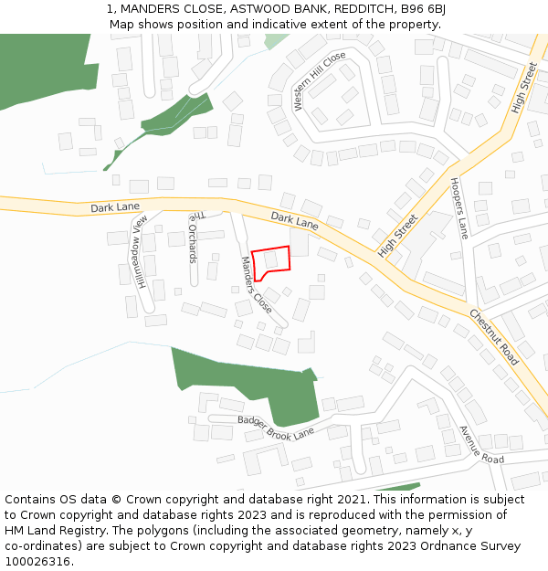 1, MANDERS CLOSE, ASTWOOD BANK, REDDITCH, B96 6BJ: Location map and indicative extent of plot