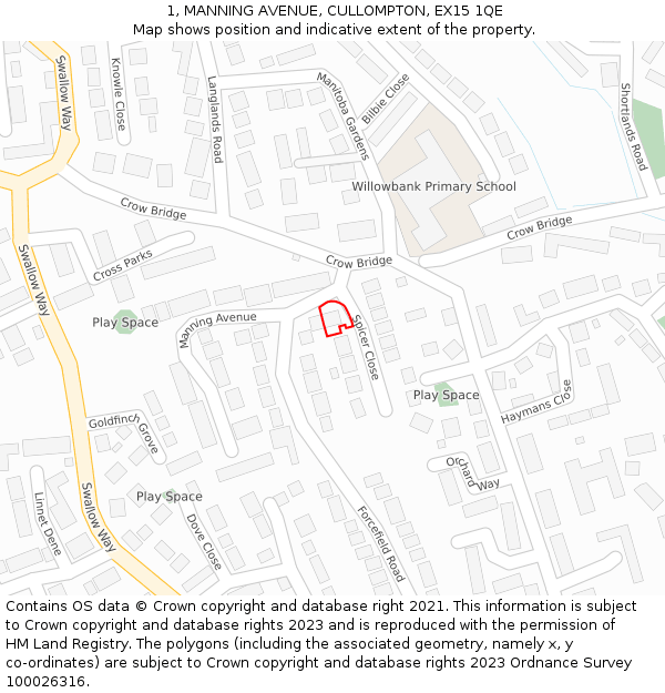 1, MANNING AVENUE, CULLOMPTON, EX15 1QE: Location map and indicative extent of plot