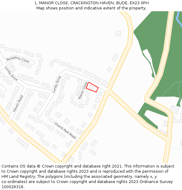 1, MANOR CLOSE, CRACKINGTON HAVEN, BUDE, EX23 0PH: Location map and indicative extent of plot