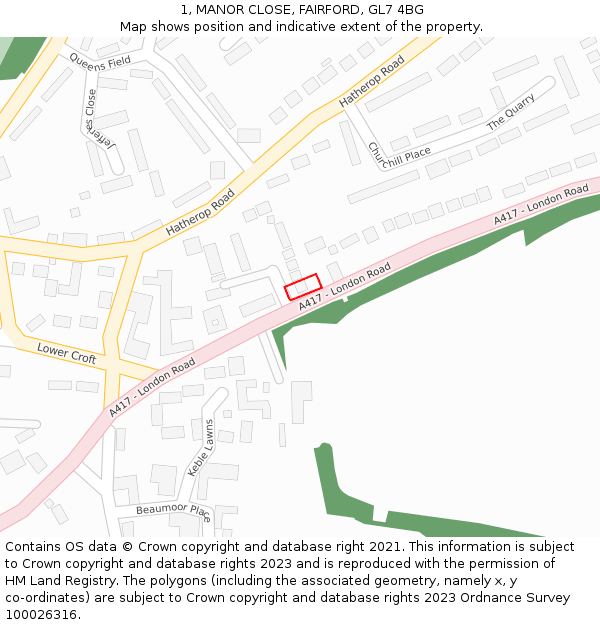 1, MANOR CLOSE, FAIRFORD, GL7 4BG: Location map and indicative extent of plot