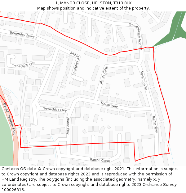 1, MANOR CLOSE, HELSTON, TR13 8LX: Location map and indicative extent of plot