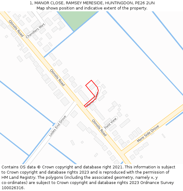 1, MANOR CLOSE, RAMSEY MERESIDE, HUNTINGDON, PE26 2UN: Location map and indicative extent of plot