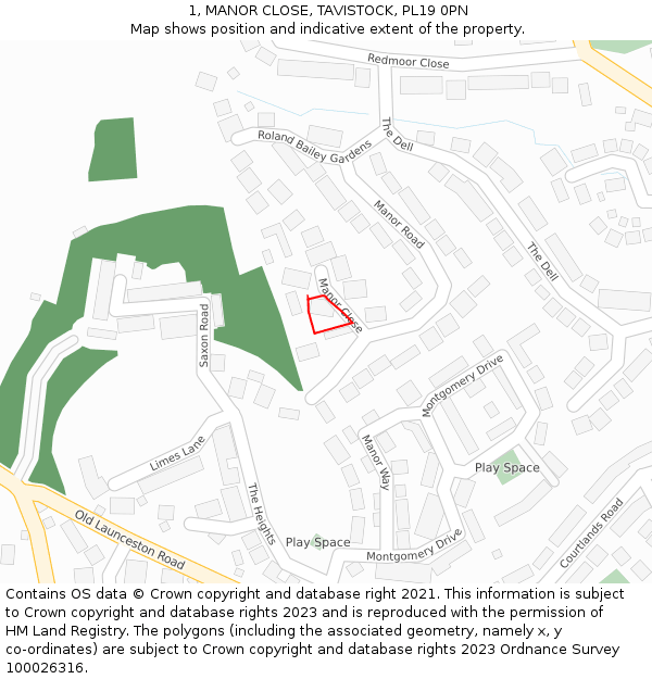1, MANOR CLOSE, TAVISTOCK, PL19 0PN: Location map and indicative extent of plot