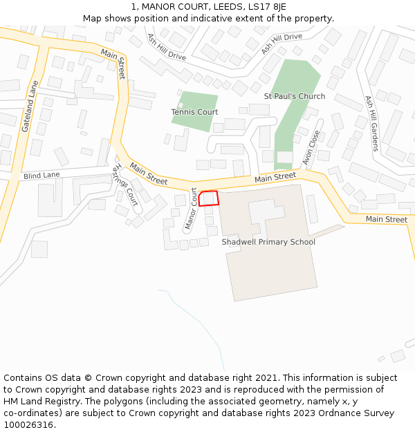 1, MANOR COURT, LEEDS, LS17 8JE: Location map and indicative extent of plot
