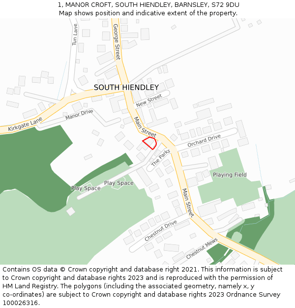 1, MANOR CROFT, SOUTH HIENDLEY, BARNSLEY, S72 9DU: Location map and indicative extent of plot