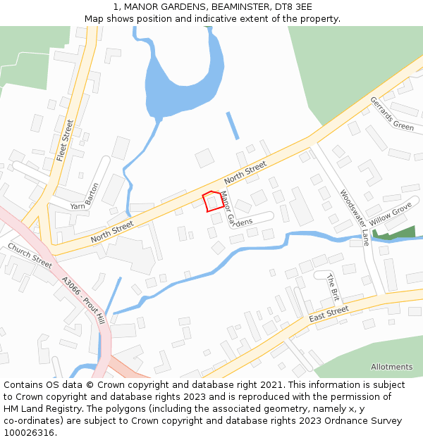 1, MANOR GARDENS, BEAMINSTER, DT8 3EE: Location map and indicative extent of plot