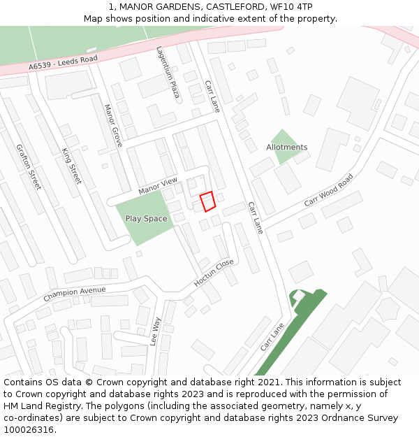 1, MANOR GARDENS, CASTLEFORD, WF10 4TP: Location map and indicative extent of plot