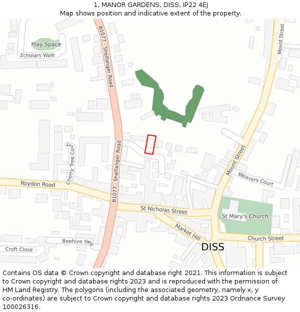 1, MANOR GARDENS, DISS, IP22 4EJ: Location map and indicative extent of plot