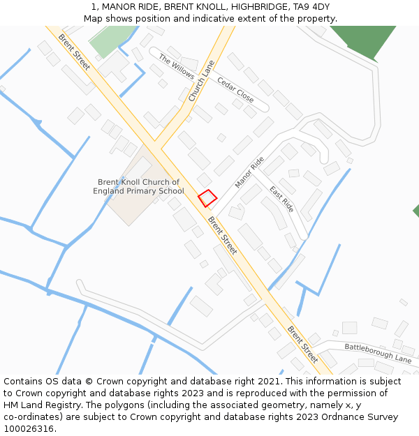 1, MANOR RIDE, BRENT KNOLL, HIGHBRIDGE, TA9 4DY: Location map and indicative extent of plot