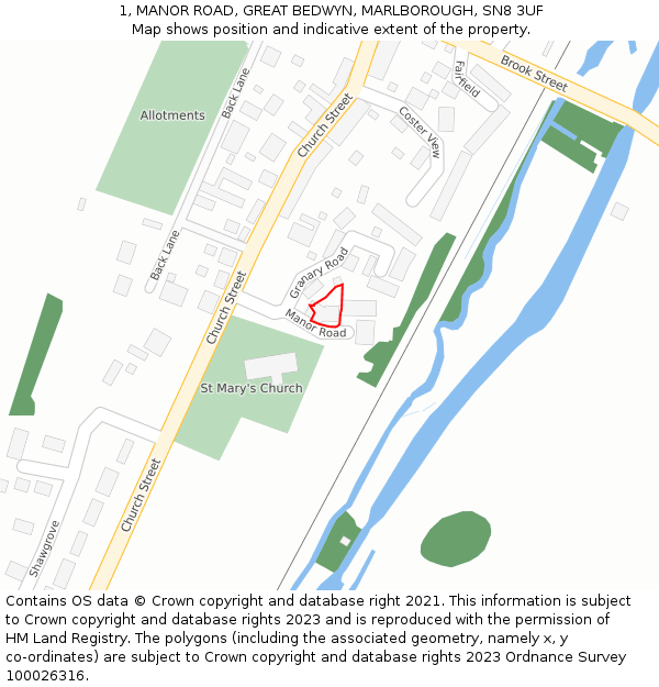 1, MANOR ROAD, GREAT BEDWYN, MARLBOROUGH, SN8 3UF: Location map and indicative extent of plot