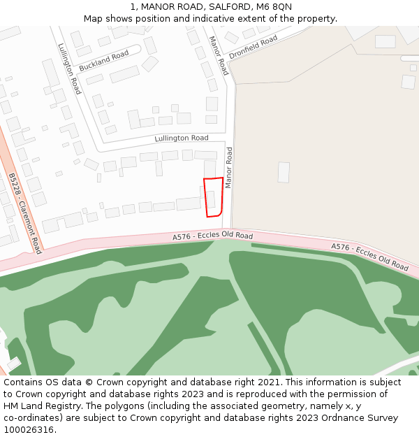 1, MANOR ROAD, SALFORD, M6 8QN: Location map and indicative extent of plot