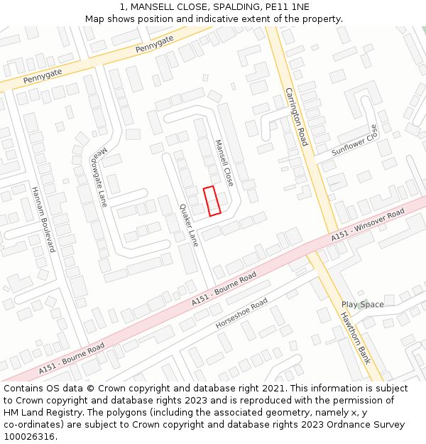 1, MANSELL CLOSE, SPALDING, PE11 1NE: Location map and indicative extent of plot