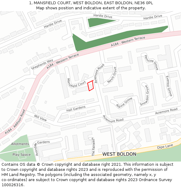 1, MANSFIELD COURT, WEST BOLDON, EAST BOLDON, NE36 0PL: Location map and indicative extent of plot