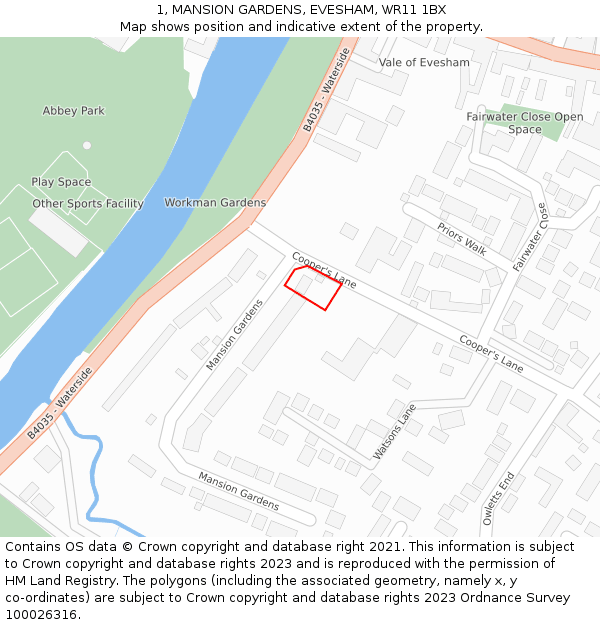 1, MANSION GARDENS, EVESHAM, WR11 1BX: Location map and indicative extent of plot