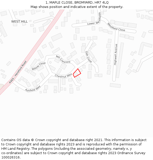 1, MAPLE CLOSE, BROMYARD, HR7 4LQ: Location map and indicative extent of plot