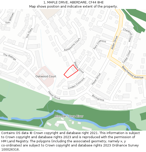 1, MAPLE DRIVE, ABERDARE, CF44 8HE: Location map and indicative extent of plot