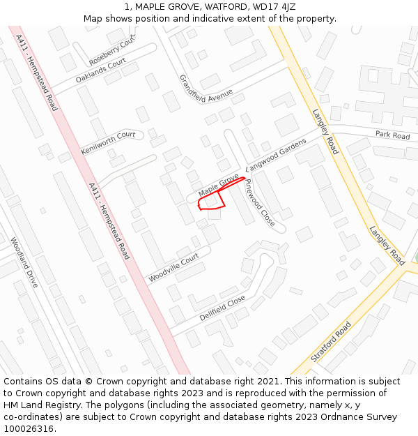 1, MAPLE GROVE, WATFORD, WD17 4JZ: Location map and indicative extent of plot