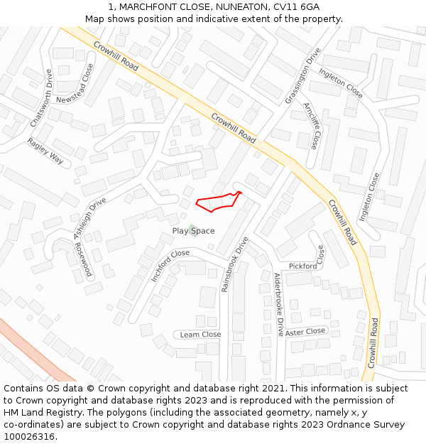 1, MARCHFONT CLOSE, NUNEATON, CV11 6GA: Location map and indicative extent of plot