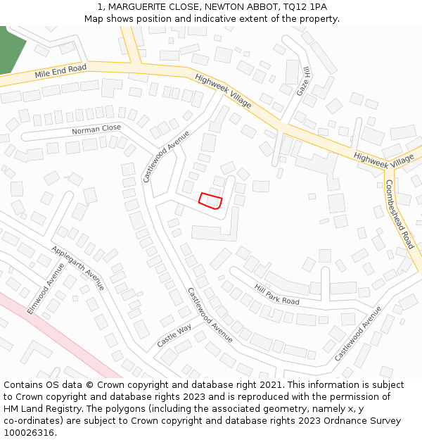 1, MARGUERITE CLOSE, NEWTON ABBOT, TQ12 1PA: Location map and indicative extent of plot