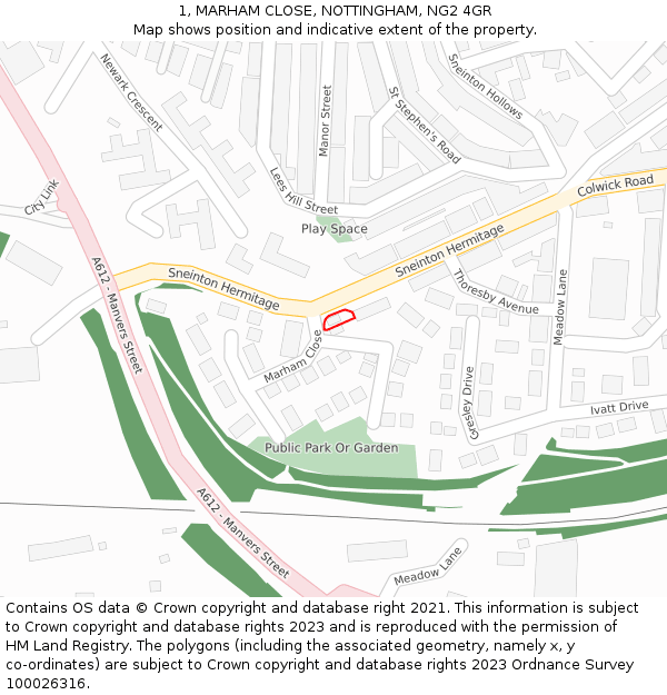 1, MARHAM CLOSE, NOTTINGHAM, NG2 4GR: Location map and indicative extent of plot