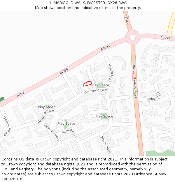 1, MARIGOLD WALK, BICESTER, OX26 3WA: Location map and indicative extent of plot