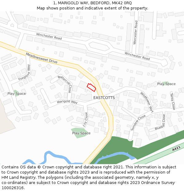 1, MARIGOLD WAY, BEDFORD, MK42 0RQ: Location map and indicative extent of plot