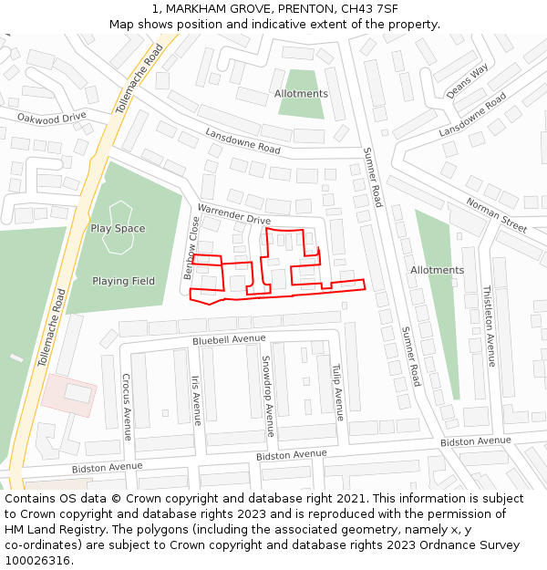 1, MARKHAM GROVE, PRENTON, CH43 7SF: Location map and indicative extent of plot