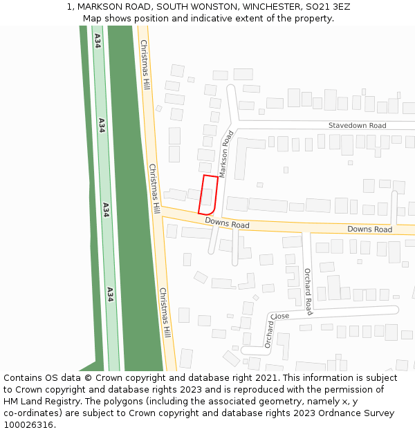 1, MARKSON ROAD, SOUTH WONSTON, WINCHESTER, SO21 3EZ: Location map and indicative extent of plot