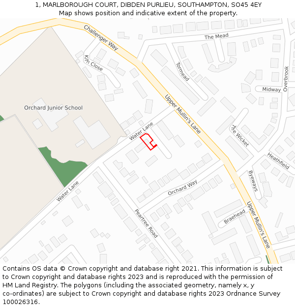 1, MARLBOROUGH COURT, DIBDEN PURLIEU, SOUTHAMPTON, SO45 4EY: Location map and indicative extent of plot