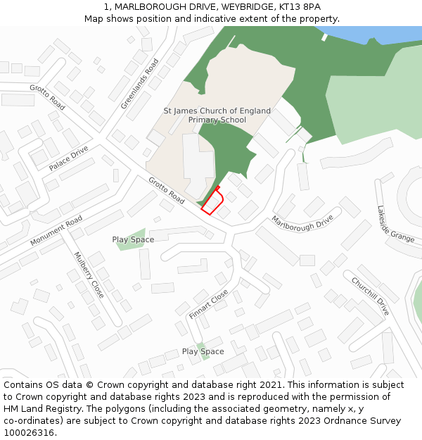 1, MARLBOROUGH DRIVE, WEYBRIDGE, KT13 8PA: Location map and indicative extent of plot