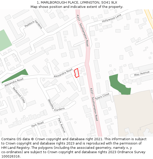 1, MARLBOROUGH PLACE, LYMINGTON, SO41 9LX: Location map and indicative extent of plot