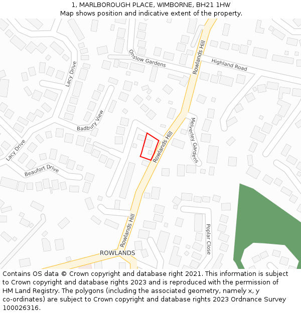 1, MARLBOROUGH PLACE, WIMBORNE, BH21 1HW: Location map and indicative extent of plot