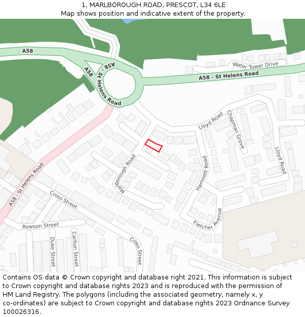 1, MARLBOROUGH ROAD, PRESCOT, L34 6LE: Location map and indicative extent of plot