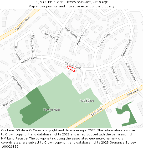 1, MARLED CLOSE, HECKMONDWIKE, WF16 9QE: Location map and indicative extent of plot