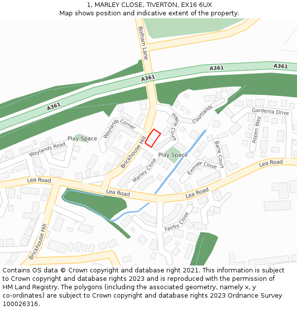 1, MARLEY CLOSE, TIVERTON, EX16 6UX: Location map and indicative extent of plot