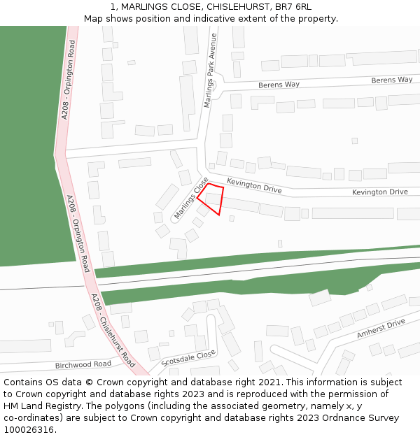 1, MARLINGS CLOSE, CHISLEHURST, BR7 6RL: Location map and indicative extent of plot
