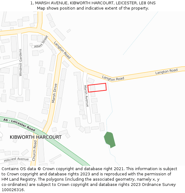 1, MARSH AVENUE, KIBWORTH HARCOURT, LEICESTER, LE8 0NS: Location map and indicative extent of plot
