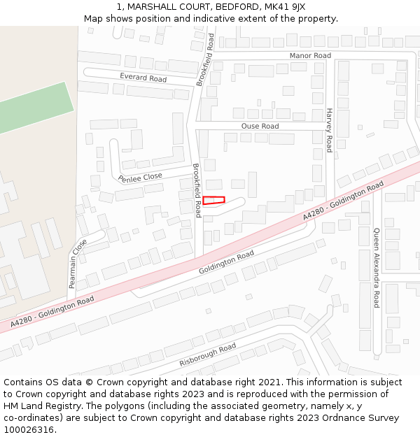 1, MARSHALL COURT, BEDFORD, MK41 9JX: Location map and indicative extent of plot