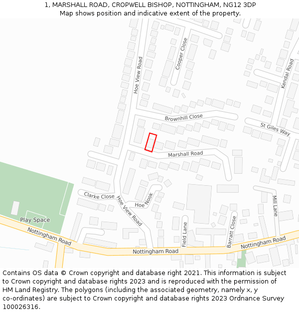 1, MARSHALL ROAD, CROPWELL BISHOP, NOTTINGHAM, NG12 3DP: Location map and indicative extent of plot