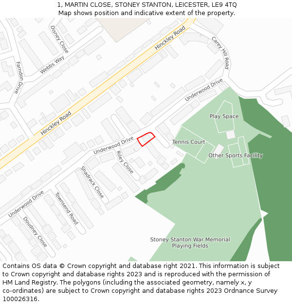 1, MARTIN CLOSE, STONEY STANTON, LEICESTER, LE9 4TQ: Location map and indicative extent of plot