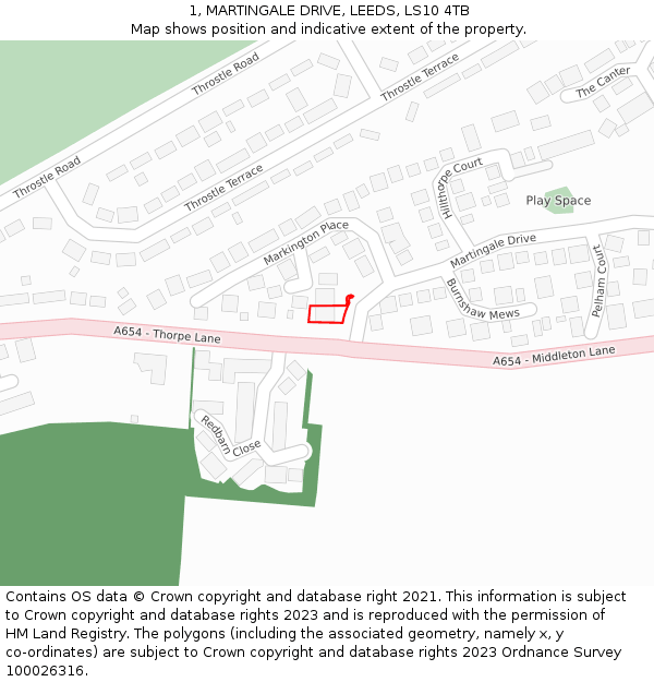 1, MARTINGALE DRIVE, LEEDS, LS10 4TB: Location map and indicative extent of plot