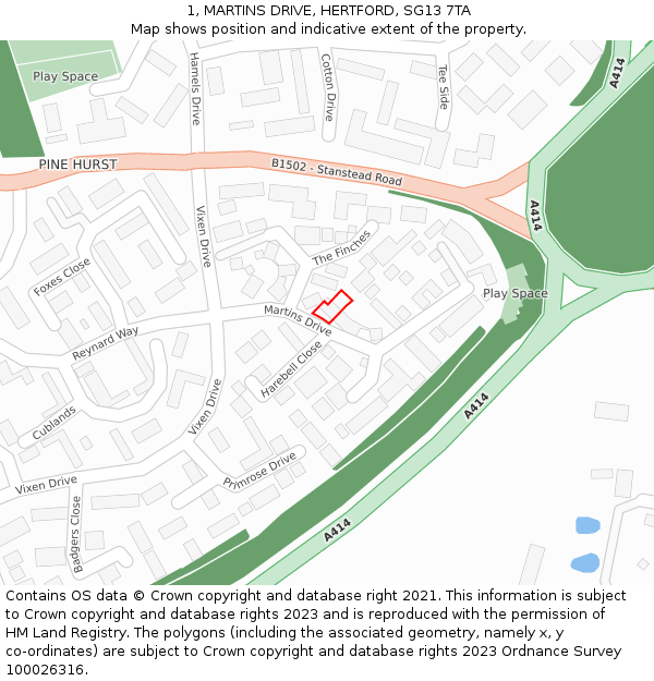 1, MARTINS DRIVE, HERTFORD, SG13 7TA: Location map and indicative extent of plot