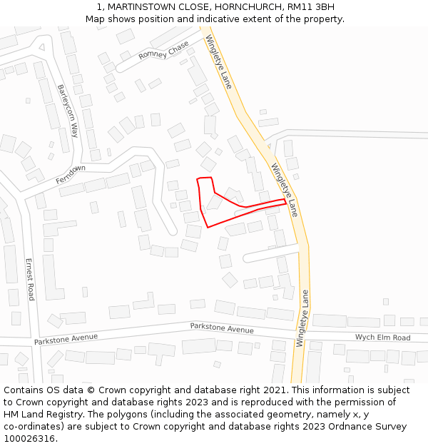 1, MARTINSTOWN CLOSE, HORNCHURCH, RM11 3BH: Location map and indicative extent of plot