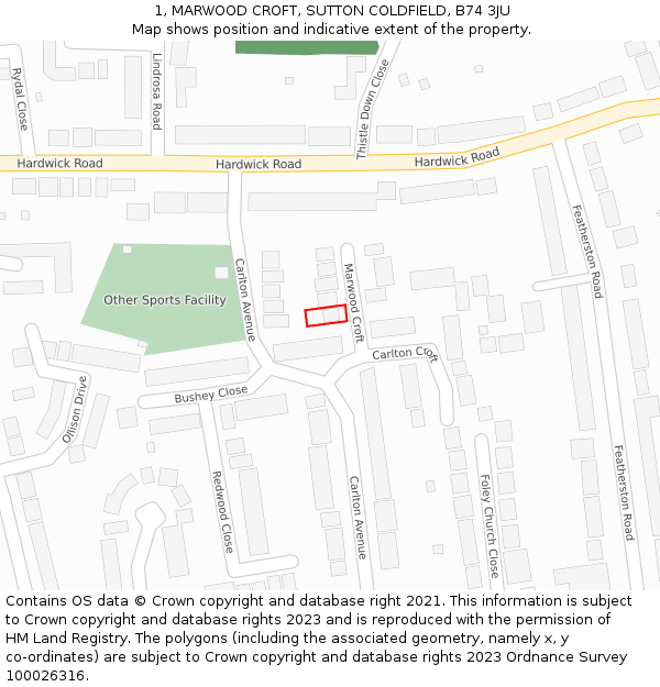 1, MARWOOD CROFT, SUTTON COLDFIELD, B74 3JU: Location map and indicative extent of plot