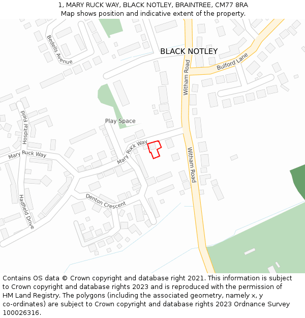1, MARY RUCK WAY, BLACK NOTLEY, BRAINTREE, CM77 8RA: Location map and indicative extent of plot