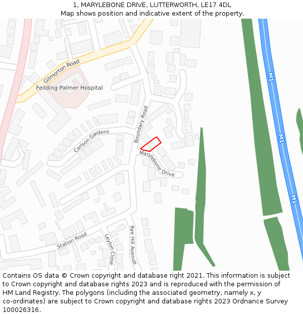 1, MARYLEBONE DRIVE, LUTTERWORTH, LE17 4DL: Location map and indicative extent of plot