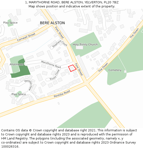 1, MARYTHORNE ROAD, BERE ALSTON, YELVERTON, PL20 7BZ: Location map and indicative extent of plot