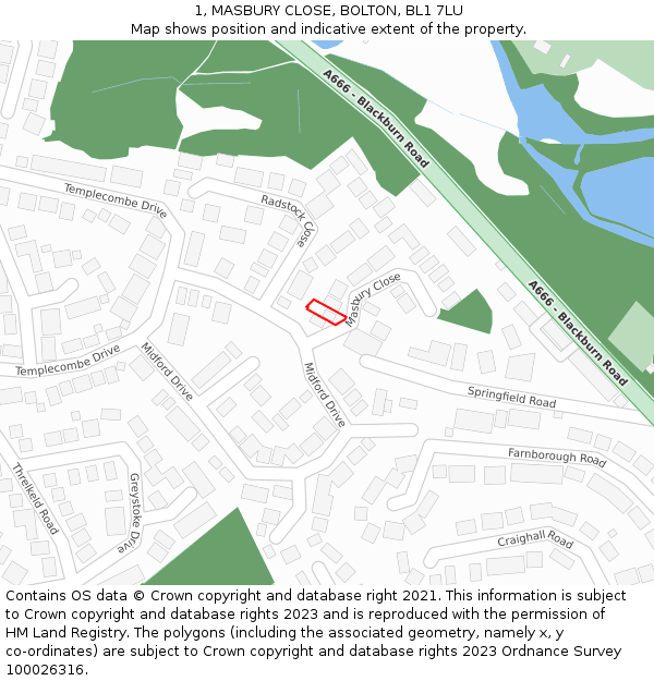 1, MASBURY CLOSE, BOLTON, BL1 7LU: Location map and indicative extent of plot