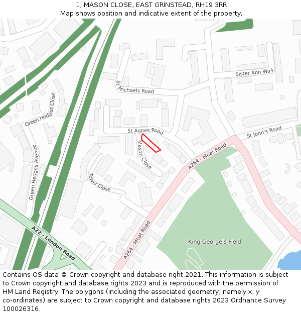 1, MASON CLOSE, EAST GRINSTEAD, RH19 3RR: Location map and indicative extent of plot